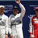 (L to R): Nico Rosberg (GER) Mercedes AMG F1, pole sitter Lewis Hamilton (GBR) Mercedes AMG F1 and Kimi Raikkonen (FIN) Ferrari celebrate in Parc Ferme  at Formula One World Championship, Rd7, Canadian Grand Prix, Qualifying, Montreal, Canada, Saturday 6 June 2015. © Sutton Motorsport Images