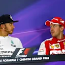 Lewis Hamilton (GBR) Mercedes AMG F1 and Sebastian Vettel (GER) Ferrari in the Press Conference at Formula One World Championship, Rd3, Chinese Grand Prix, Race, Shanghai, China, Sunday 12 April 2015. © Sutton Motorsport Images