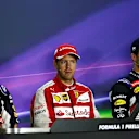 (L to R): Daniil Kyvat (RUS) Red Bull Racing, Sebastian Vettel (GER) Ferrari and Daniel Ricciardo (AUS) Red Bull Racing in the Press Conference  at Formula One World Championship, Rd10, Hungarian Grand Prix, Race, Hungaroring, Hungary, Sunday 26 July 2015. © Sutton Motorsport Images