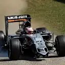 Nico Hulkenberg (GER) Force India VJM08 loses his front wing at Formula One World Championship, Rd10, Hungarian Grand Prix, Race, Hungaroring, Hungary, Sunday 26 July 2015. © Sutton Motorsport Images