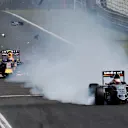 Nico Hulkenberg (GER) Force India VJM08 loses his front wing at Formula One World Championship, Rd10, Hungarian Grand Prix, Race, Hungaroring, Hungary, Sunday 26 July 2015. © Sutton Motorsport Images