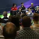 (L to R) Roberto Merhi (ESP) Marussia, Sergio Perez (MEX) Force India, Romain Grosjean (FRA) Lotus F1, Felipe Massa (BRA) Williams, Felipe Nasr (BRA) Sauber and Nico Hulkenberg (GER) Force India F1 in the press conference at Formula One World Championship, Rd10, Hungarian Grand Prix, Preparations, Hungaroring, Hungary, Thursday 23 July 2015. © Sutton Motorsport Images