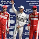 Pole sitter Lewis Hamilton (GBR) Mercedes AMG F1, Sebastian Vettel (GER) Ferrari and Kimi Raikkonen (FIN) Ferrari celebrate in parc ferme at Formula One World Championship, Rd12, Italian Grand Prix, Qualifying, Monza, Italy, Saturday 5 September 2015. © Sutton Motorsport Images