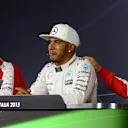 (L to R): Kimi Raikkonen (FIN) Ferrari, pole sitter Lewis Hamilton (GBR) Mercedes AMG F1 and Sebastian Vettel (GER) Ferrari in the Press Conference at Formula One World Championship, Rd12, Italian Grand Prix, Qualifying, Monza, Italy, Saturday 5  September 2015. © Sutton Motorsport Images