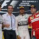 (L to R): Nico Rosberg (GER) Mercedes AMG F1, race winner Lewis Hamilton (GBR) Mercedes AMG F1 and Sebastian Vettel (GER) Ferrari celebrate on the podium at Formula One World Championship, Rd14, Japanese Grand Prix, Race, Suzuka, Japan, Sunday 27 September 2015. © Sutton Motorsport Images