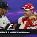 Lewis Hamilton (GBR) Mercedes AMG F1 and Sebastian Vettel (GER) Ferrari in the Press Conference at Formula One World Championship, Rd14, Japanese Grand Prix, Race, Suzuka, Japan, Sunday 27 September 2015. © Sutton Motorsport Images