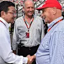 Takahiro Hachigo (JPN) Honda CEO and Niki Lauda (AUT) Mercedes AMG F1 Non-Executive Chairman on the grid with Ron Dennis (GBR) McLaren Executive Chairman at Formula One World Championship, Rd14, Japanese Grand Prix, Race, Suzuka, Japan, Sunday 27 September 2015. © Sutton Motorsport Images