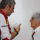 Maurizio Arrivabene (ITA) Ferrari Team Principal talks with Bernie Ecclestone (GBR) CEO Formula One Group (FOM) in the Ferrari garage at Formula One World Championship, Rd2, Malaysian Grand Prix, Qualifying, Sepang, Malaysia, Saturday 28  March 2015. © Sutton Motorsport Images