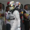 Pole sitter Lewis Hamilton (GBR) Mercedes AMG F1 celebrates in parc ferme at Formula One World Championship, Rd2, Malaysian Grand Prix, Qualifying, Sepang, Malaysia, Saturday 28  March 2015. © Sutton Motorsport Images