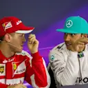 Lewis Hamilton (GBR) Mercedes AMG F1, Sebastian Vettel (GER) Ferrari and Nico Rosberg (GER) Mercedes AMG F1 in the Press Conference at Formula One World Championship, Rd2, Malaysian Grand Prix, free practice 3, Sepang, Malaysia, Saturday 28  March 2015. © Sutton Motorsport Images