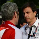 Maurizio Arrivabene (ITA) Ferrari Team Principal and Toto Wolff (AUT) Mercedes AMG F1 Director of Motorsport	 at Formula One World Championship, Rd2, Malaysian Grand Prix, Race, Sepang, Malaysia, Sunday 29 March 2015. © Sutton Motorsport Images