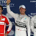 (L to R): Sebastian Vettel (GER) Ferrari, pole sitter Nico Rosberg (GER) Mercedes AMG F1 and Lewis Hamilton (GBR) Mercedes AMG F1 celebrate in parc ferme at Formula One World Championship, Rd17, Mexican Grand Prix, Qualifying, Circuit Hermanos Rodriguez, Mexico City, Mexico, Saturday 31 October 2015. © Sutton Motorsport Images
