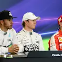 (L to R): Lewis Hamilton (GBR) Mercedes AMG F1, Pole sitter Nico Rosberg (GER) Mercedes AMG F1 and Sebastian Vettel (GER) Ferrari in the press conference at Formula One World Championship, Rd17, Mexican Grand Prix, Qualifying, Circuit Hermanos Rodriguez, Mexico City, Mexico, Saturday 31 October 2015. © Sutton Motorsport Images