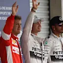 (L to R): Sebastian Vettel (GER) Ferrari, pole sitter Nico Rosberg (GER) Mercedes AMG F1 and Lewis Hamilton (GBR) Mercedes AMG F1 in Parc ferme at Formula One World Championship, Rd17, Mexican Grand Prix, Qualifying, Circuit Hermanos Rodriguez, Mexico City, Mexico, Saturday 31 October 2015. © Sutton Motorsport Images