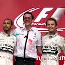 Lewis Hamilton (GBR) Mercedes AMG F1, Grand Prix Extra, race winner Nico Rosberg (GER) Mercedes AMG F1 and Valtteri Bottas (FIN) Williams celebrate on the podium at Formula One World Championship, Rd17, Mexican Grand Prix, Race, Circuit Hermanos Rodriguez, Mexico City, Mexico, Sunday 1  November 2015. © Sutton Motorsport Images