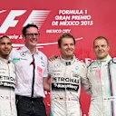 Lewis Hamilton (GBR) Mercedes AMG F1, Grand Prix Extra, race winner Nico Rosberg (GER) Mercedes AMG F1 and Valtteri Bottas (FIN) Williams celebrate on the podium at Formula One World Championship, Rd17, Mexican Grand Prix, Race, Circuit Hermanos Rodriguez, Mexico City, Mexico, Sunday 1  November 2015. © Sutton Motorsport Images
