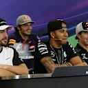 Will Stevens (GBR) Manor GP, Fernando Alonso (ESP) McLaren, Pastor Maldonado (VEN) Lotus, Lewis Hamilton (GBR) Mercedes AMG F1, Carlos Sainz jr (ESP) Scuderia Toro Rosso and Sergio Perez (MEX) Force India during the press conference at Formula One World Championship, Rd17, Mexican Grand Prix, Preparations, Circuit Hermanos Rodriguez, Mexico City, Mexico, Thursday 29 October 2015. © Sutton Motorsport Images