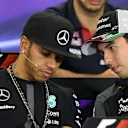 Lewis Hamilton (GBR) Mercedes AMG F1 and Sergio Perez (MEX) Force India at the press conference at Formula One World Championship, Rd17, Mexican Grand Prix, Preparations, Circuit Hermanos Rodriguez, Mexico City, Mexico, Thursday 29 October 2015. © Sutton Motorsport Images