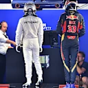 Lewis Hamilton (GBR) Mercedes AMG F1 and Max Verstappen (NDL) Scuderia Toro Rosso on the weighing scales in parc ferme at Formula One World Championship, Rd6, Monaco Grand Prix Qualifying, Monte-Carlo, Monaco, Saturday 23 May 2015. © Sutton Motorsport Images