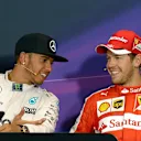 Pole sitter Lewis Hamilton (GBR) Mercedes AMG F1 and Sebastian Vettel (GER) Ferrari at the Qualifying Press Conference at Formula One World Championship, Rd6, Monaco Grand Prix Qualifying, Monte-Carlo, Monaco, Saturday 23 May 2015. © Sutton Motorsport Images