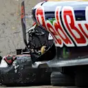 The crashed car of race retiree Max Verstappen (NDL) Scuderia Toro Rosso STR10 at Formula One World Championship, Rd6, Monaco Grand Prix Race, Monte-Carlo, Monaco, Sunday 24 May 2015. © Sutton Motorsport Images