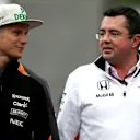 Nico Hulkenberg (GER) Force India and Eric Boullier (FRA) McLaren Racing Director at Formula One World Championship, Rd6, Monaco Grand Prix Practice, Monte-Carlo, Monaco, Thursday 21  May 2015. © Sutton Motorsport Images