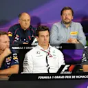 (L to R): Cyril Abiteboul (FRA) Renault Sport, Franz Tost (AUT) Scuderia Toro Rosso Team Principal, Paul Hembery (GBR) Pirelli Motorsport Director, Christian Horner (GBR) Red Bull Racing Team Principal, Toto Wolff (AUT) Mercedes AMG F1 Director of Motorsport, and Robert Fearnley (GBR) Force India F1 Team in the Press Conference at Formula One World Championship, Rd6, Monaco Grand Prix Practice, Monte-Carlo, Monaco, Thursday 21  May 2015. © Sutton Motorsport Images