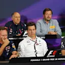 (L to R): Cyril Abiteboul (FRA) Renault Sport, Franz Tost (AUT) Scuderia Toro Rosso Team Principal, Paul Hembery (GBR) Pirelli Motorsport Director, Christian Horner (GBR) Red Bull Racing Team Principal, Toto Wolff (AUT) Mercedes AMG F1 Director of Motorsport, and Robert Fearnley (GBR) Force India F1 Team in the Press Conference at Formula One World Championship, Rd6, Monaco Grand Prix Practice, Monte-Carlo, Monaco, Thursday 21  May 2015. © Sutton Motorsport Images