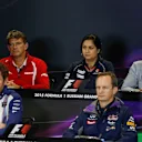 (L to R): Graeme Lowdon (GBR) Chief Executive Officer Manor GP, Monisha Kaltenborn (AUT) Sauber Team Prinicpal, Paul Hembery (GBR) Pirelli Motorsport Director, Rob Smedley (GBR) Williams Head of Vehicle Performance and Paul Monaghan (GBR) Red Bull Racing Chief Engineer in the Press Conference at Formula One World Championship, Rd15, Russian Grand Prix, Practice, Sochi Autodrom, Sochi, Krasnodar Krai, Russia, Friday 9 October 2015. © Sutton Motorsport Images