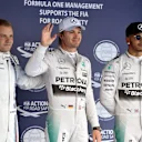 (L to R): Valtteri Bottas (FIN) Williams, Pole sitter Nico Rosberg (GER) Mercedes AMG F1 and Lewis Hamilton (GBR) Mercedes AMG F1 celebrate in parc ferme at Formula One World Championship, Rd15, Russian Grand Prix, Qualifying, Sochi Autodrom, Sochi, Krasnodar Krai, Russia, Saturday 10 October 2015. © Sutton Motorsport Images