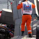 The crashed car of Carlos Sainz (ESP) Scuderia Toro Rosso in FP3 at Formula One World Championship, Rd15, Russian Grand Prix, Qualifying, Sochi Autodrom, Sochi, Krasnodar Krai, Russia, Saturday 10 October 2015. © Sutton Motorsport Images