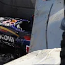The crashed car of Carlos Sainz (ESP) Scuderia Toro Rosso under the barrier in FP3 at Formula One World Championship, Rd15, Russian Grand Prix, Qualifying, Sochi Autodrom, Sochi, Krasnodar Krai, Russia, Saturday 10 October 2015. © Sutton Motorsport Images