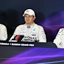 Lewis Hamilton (GBR) Mercedes AMG F1, Nico Rosberg (GER) Mercedes AMG F1 and Valtteri Bottas (FIN) Williams in the press conference at Formula One World Championship, Rd15, Russian Grand Prix, Qualifying, Sochi Autodrom, Sochi, Krasnodar Krai, Russia, Saturday 10 October 2015. © Sutton Motorsport Images