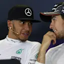 Lewis Hamilton (GBR) Mercedes AMG F1 and Sergio Perez (MEX) Force India in the Press Conference at Formula One World Championship, Rd15, Russian Grand Prix, Race, Sochi Autodrom, Sochi, Krasnodar Krai, Russia, Sunday 11 October 2015. © Sutton Motorsport Images