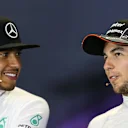 Lewis Hamilton (GBR) Mercedes AMG F1 and Sergio Perez (MEX) Force India in the Press Conference at Formula One World Championship, Rd15, Russian Grand Prix, Race, Sochi Autodrom, Sochi, Krasnodar Krai, Russia, Sunday 11 October 2015. © Sutton Motorsport Images