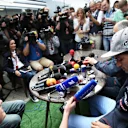Carlos Sainz (ESP) Scuderia Toro Rosso talks with the media at Formula One World Championship, Rd15, Russian Grand Prix, Race, Sochi Autodrom, Sochi, Krasnodar Krai, Russia, Sunday 11 October 2015. © Sutton Motorsport Images