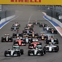 Nico Rosberg (GER) Mercedes AMG F1 W06 leads Lewis Hamilton (GBR) Mercedes AMG F1 W06 at the start of the race at Formula One World Championship, Rd15, Russian Grand Prix, Race, Sochi Autodrom, Sochi, Krasnodar Krai, Russia, Sunday 11 October 2015. © Sutton Motorsport Images