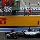 Race winner Lewis Hamilton (GBR) Mercedes AMG F1 W06 crosses the line and takes the chequered flag at Formula One World Championship, Rd15, Russian Grand Prix, Race, Sochi Autodrom, Sochi, Krasnodar Krai, Russia, Sunday 11 October 2015. © Sutton Motorsport Images