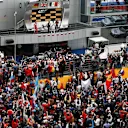 Lewis Hamilton (GBR) Mercedes AMG F1, Sebastian Vettel (GER) Ferrari and Sergio Perez (MEX) Force India on the podium at Formula One World Championship, Rd15, Russian Grand Prix, Race, Sochi Autodrom, Sochi, Krasnodar Krai, Russia, Sunday 11 October 2015. © Sutton Motorsport Images