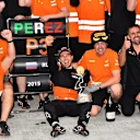Third placed Sergio Perez (MEX) Force India celebrates with the team at Formula One World Championship, Rd15, Russian Grand Prix, Race, Sochi Autodrom, Sochi, Krasnodar Krai, Russia, Sunday 11 October 2015. © Sutton Motorsport Images