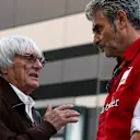 Bernie Ecclestone (GBR) CEO Formula One Group (FOM) and Maurizio Arrivabene (ITA) Ferrari Team Principal at Formula One World Championship, Rd15, Russian Grand Prix, Preparations, Sochi Autodrom, Sochi, Krasnodar Krai, Russia, Thursday 8 October 2015. © Sutton Motorsport Images