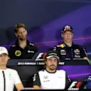 (L to R): Fernando Alonso (ESP) McLaren, Nico Rosberg (GER) Mercedes AMG F1, Felipe Massa (BRA) Williams, Carlos Sainz jr (ESP) Scuderia Toro Rosso, Romain Grosjean (FRA) Lotus and Daniil Kvyat (RUS) Red Bull Racing in the press conference at Formula One World Championship, Rd15, Russian Grand Prix, Preparations, Sochi Autodrom, Sochi, Krasnodar Krai, Russia, Thursday 8 October 2015. © Sutton Motorsport Images