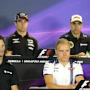 (L to R): Felipe Nasr (BRA) Sauber, Romain Grosjean (FRA) Lotus F1, Sergio Perez (MEX) Force India, Valtteri Bottas (FIN) Williams, Pastor Maldonado (VEN) Lotus and Roberto Merhi (ESP) Manor GP in the press conference at Formula One World Championship, Rd13, Singapore Grand Prix, Preparations, Marina Bay Street Circuit, Singapore, Thursday 17 September 2015. © Sutton Motorsport Images