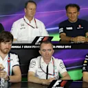 (L to R): Nick Chester (GBR) Lotus Technical Director, Jonathan Neale (GBR) McLaren Managing Director, Giampaolo Dall'ara, Sauber Head of Track Engineering, Rob Smedley (GBR) Williams Head of Vehicle Performance, Paddy Lowe (GBR) Mercedes AMG F1 Executive Director (Technical) and Paul Monaghan (GBR) Red Bull Racing Chief Engineer in the Press Conference at Formula One World Championship, Rd5, Spanish Grand Prix Practice, Barcelona, Spain, Friday 8 May 2015. © Sutton Motorsport Images