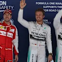 (L to R): Sebastian Vettel (GER) Ferrari, pole sitter Nico Rosberg (GER) Mercedes AMG F1 and Lewis Hamilton (GBR) Mercedes AMG F1 celebrate in parc ferme at Formula One World Championship, Rd5, Spanish Grand Prix Qualifying, Barcelona, Spain, Saturday 9 May 2015. © Sutton Motorsport Images