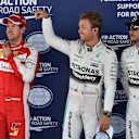 (L to R): Sebastian Vettel (GER) Ferrari, pole sitter Nico Rosberg (GER) Mercedes AMG F1 and Lewis Hamilton (GBR) Mercedes AMG F1 celebrate in parc ferme at Formula One World Championship, Rd5, Spanish Grand Prix Qualifying, Barcelona, Spain, Saturday 9 May 2015. © Sutton Motorsport Images