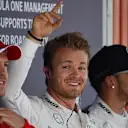 lre Sebastian Vettel (GER) Ferrari, pole sitter Nico Rosberg (GER) Mercedes AMG F1 and Lewis Hamilton (GBR) Mercedes AMG F1 celebrate in parc ferme at Formula One World Championship, Rd5, Spanish Grand Prix Qualifying, Barcelona, Spain, Saturday 9 May 2015. © Sutton Motorsport Images