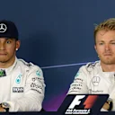 Lewis Hamilton (GBR) Mercedes AMG F1 and Nico Rosberg (GER) Mercedes AMG F1 at the Qualifying Press Conference at Formula One World Championship, Rd5, Spanish Grand Prix Qualifying, Barcelona, Spain, Saturday 9 May 2015. © Sutton Motorsport Images