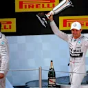Lewis Hamilton (GBR) Mercedes AMG F1 and Nico Rosberg (GER) Mercedes AMG F1 celebrate with the trophy at Formula One World Championship, Rd5, Spanish Grand Prix Race, Barcelona, Spain, Sunday 10 May 2015. © Sutton Motorsport Images