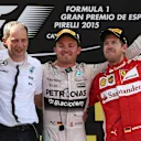 L to R): Lewis Hamilton (GBR) Mercedes AMG F1, Tony Ross (GBR) Mercedes AMG F1 Race Engineer, race winner Nico Rosberg (GER) Mercedes AMG F1 and Sebastian Vettel (GER) Ferrari celebrate on the podium at Formula One World Championship, Rd5, Spanish Grand Prix Race, Barcelona, Spain, Sunday 10 May 2015. © Sutton Motorsport Images